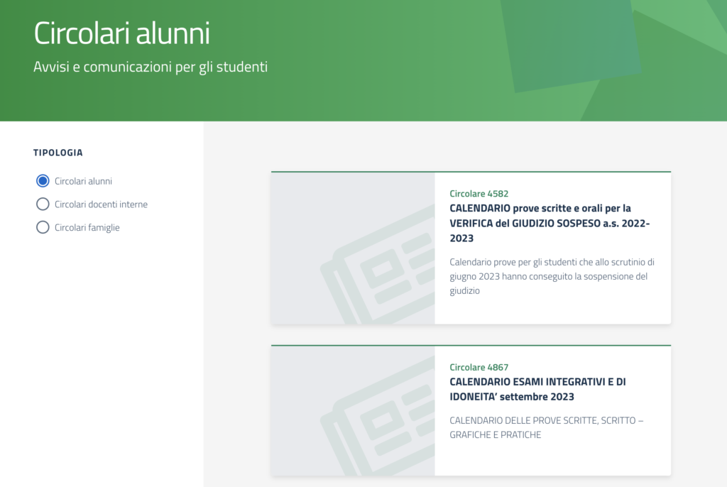 schermata che visualizza un fax simile di elenco delle circolari alunni